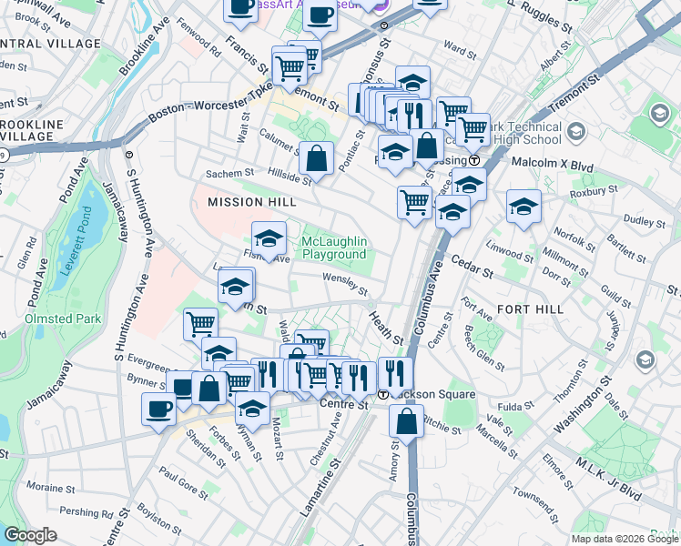 map of restaurants, bars, coffee shops, grocery stores, and more near 24 Wensley Street in Boston