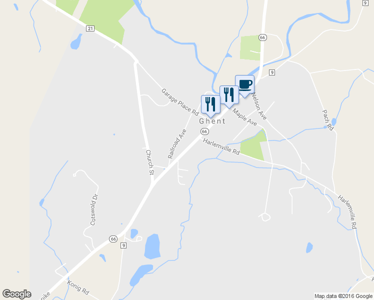 map of restaurants, bars, coffee shops, grocery stores, and more near 2261 Route 66 in Ghent