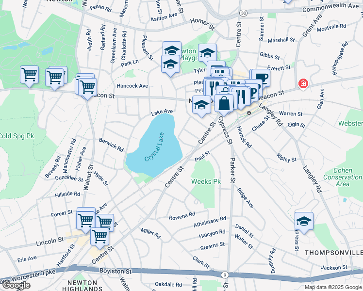 map of restaurants, bars, coffee shops, grocery stores, and more near 57 Norwood Avenue in Newton