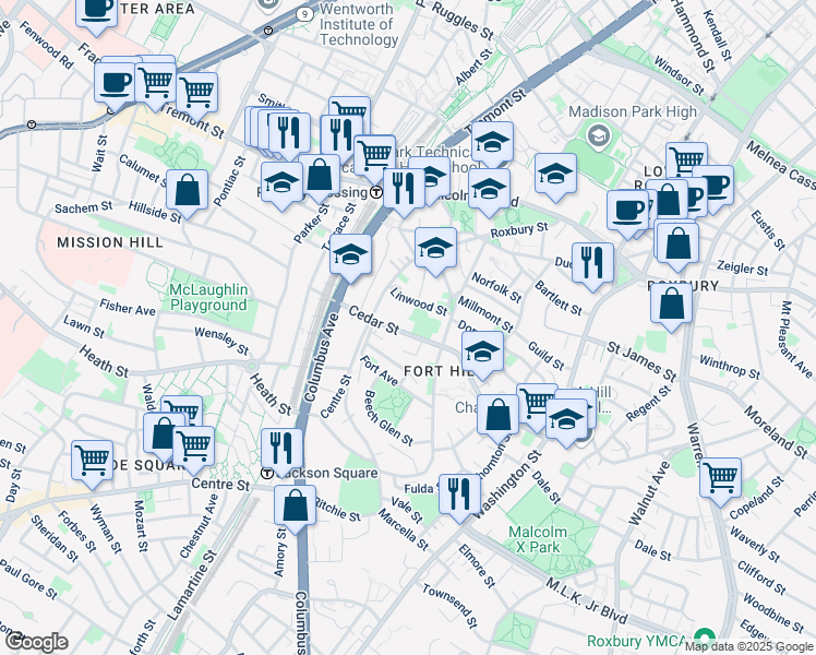 map of restaurants, bars, coffee shops, grocery stores, and more near 122 Cedar Street in Boston