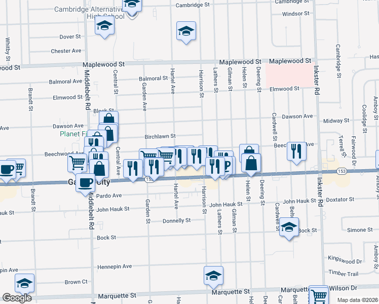 map of restaurants, bars, coffee shops, grocery stores, and more near 28445 Beechwood Avenue in Garden City