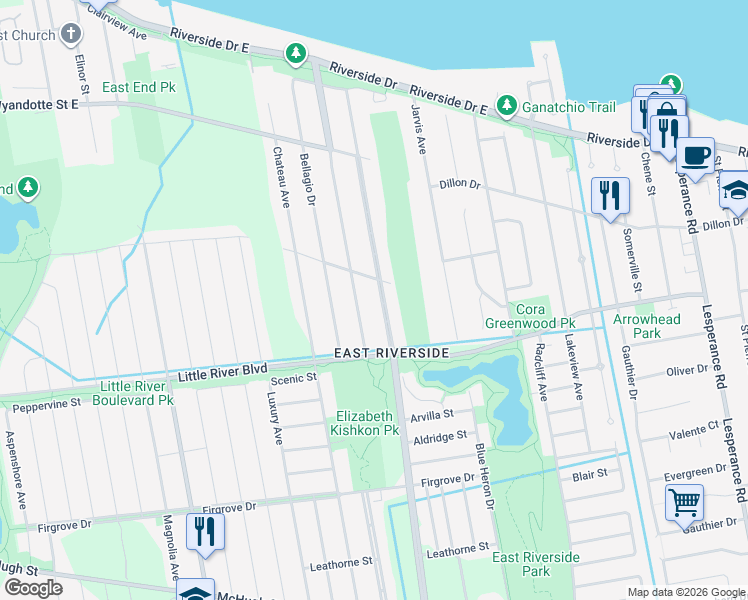 map of restaurants, bars, coffee shops, grocery stores, and more near 1132 Greenpark Boulevard in Windsor