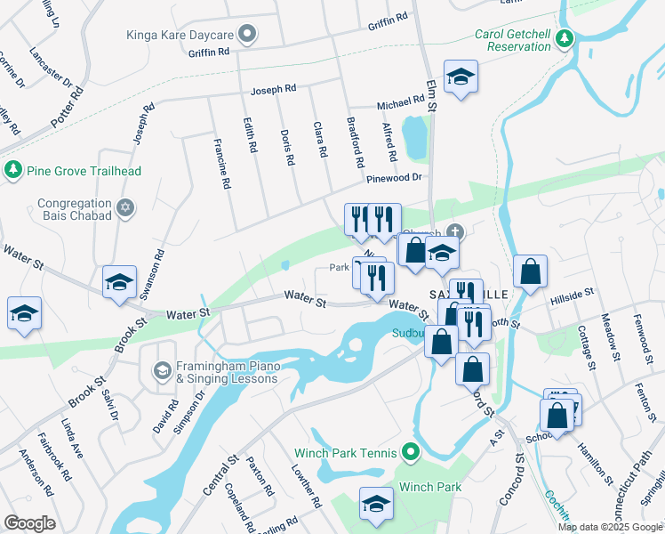 map of restaurants, bars, coffee shops, grocery stores, and more near 18 Park Avenue in Framingham