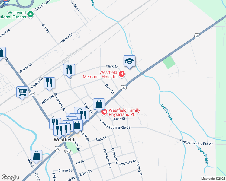 map of restaurants, bars, coffee shops, grocery stores, and more near 180 East Main Street in Westfield
