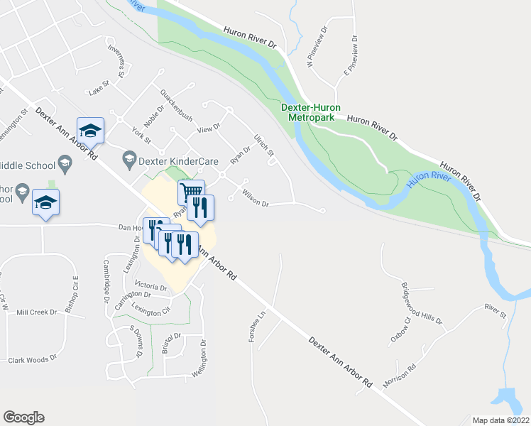 map of restaurants, bars, coffee shops, grocery stores, and more near 7037 Wilson Drive in Dexter