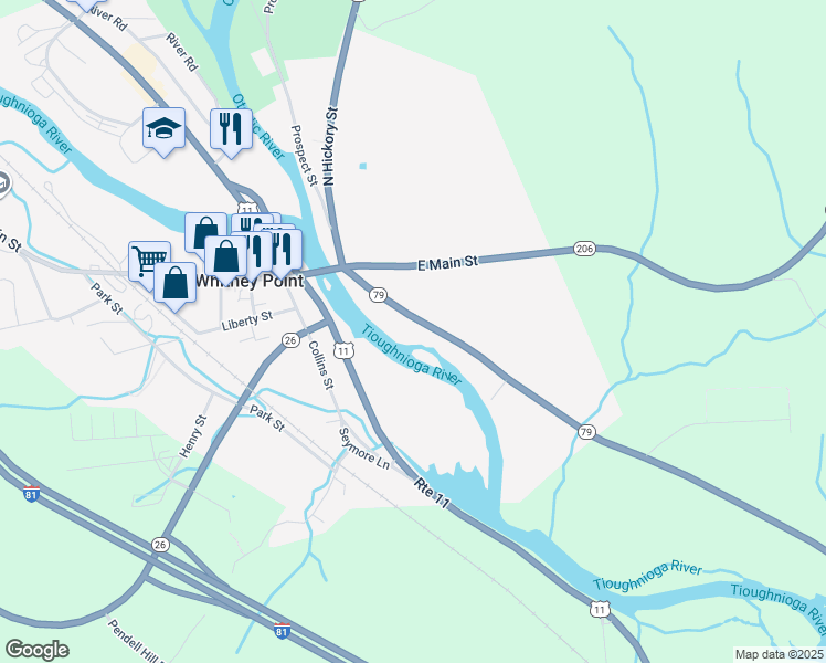 map of restaurants, bars, coffee shops, grocery stores, and more near 2742 Hickory Street in Whitney Point