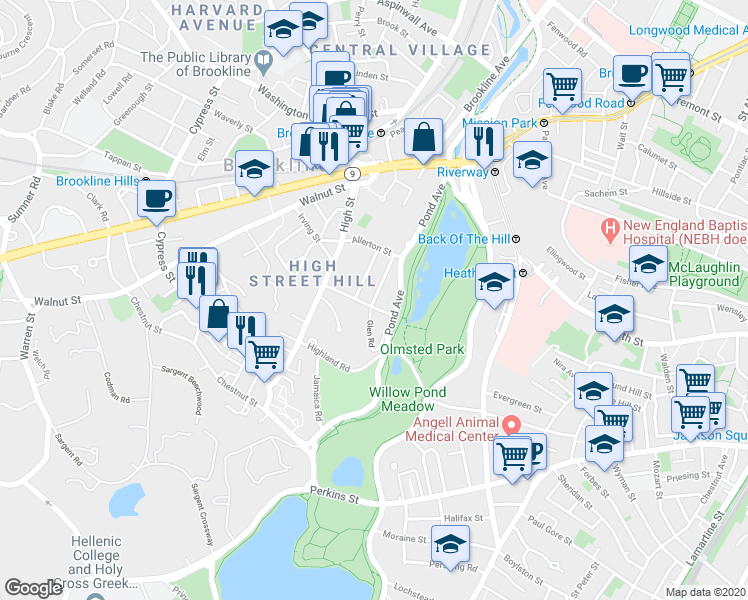 map of restaurants, bars, coffee shops, grocery stores, and more near Glen Road in Brookline