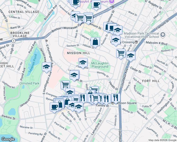map of restaurants, bars, coffee shops, grocery stores, and more near 6 Bucknam Street in Boston