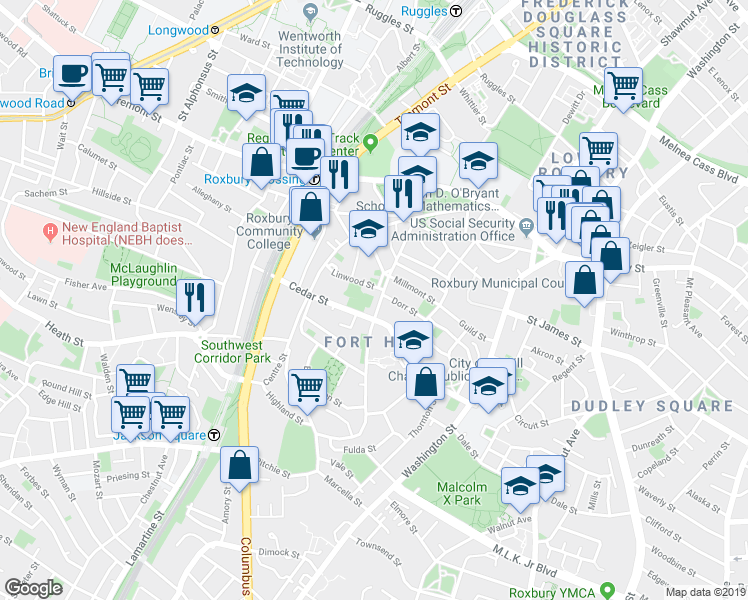 map of restaurants, bars, coffee shops, grocery stores, and more near 91 Cedar Street in Boston