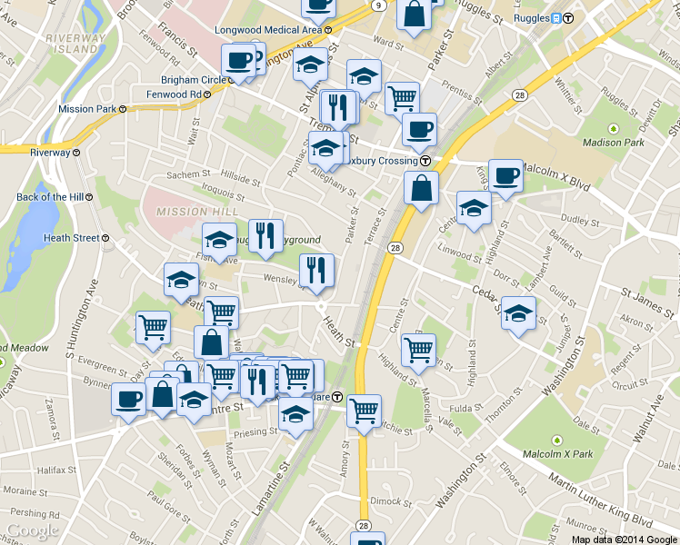 map of restaurants, bars, coffee shops, grocery stores, and more near 4 Fisher Avenue in Boston