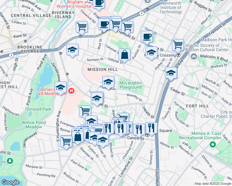 map of restaurants, bars, coffee shops, grocery stores, and more near 6 Bucknam Street in Boston
