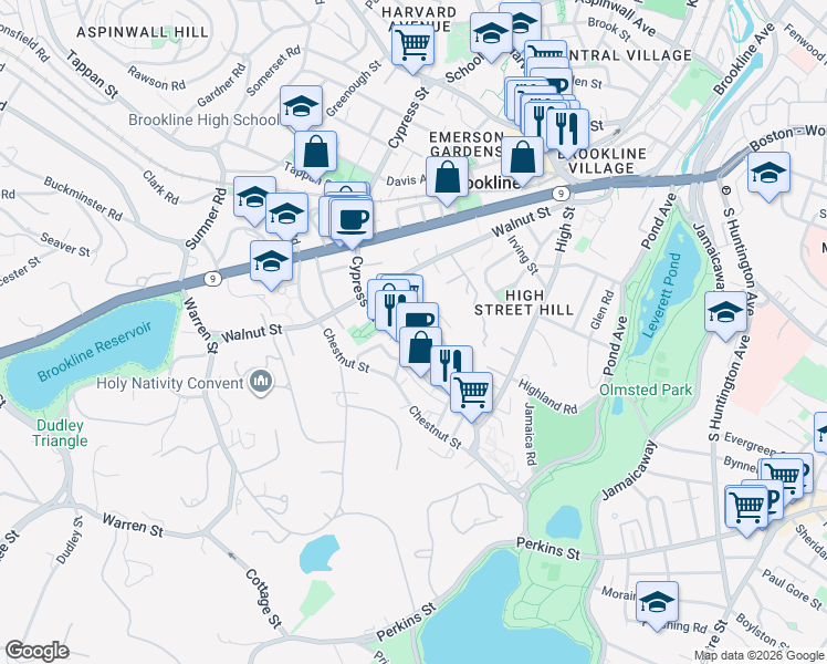 map of restaurants, bars, coffee shops, grocery stores, and more near 236 Cypress Street in Brookline
