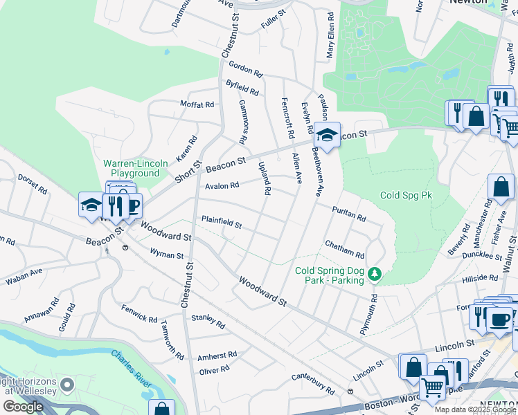 map of restaurants, bars, coffee shops, grocery stores, and more near 16 Pine Ridge Road in Newton