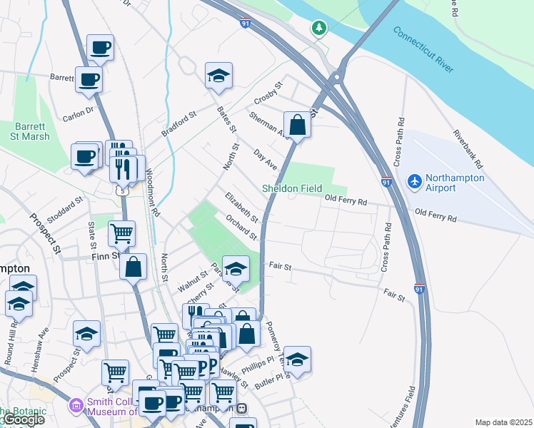 map of restaurants, bars, coffee shops, grocery stores, and more near 212 Bridge Street in Northampton