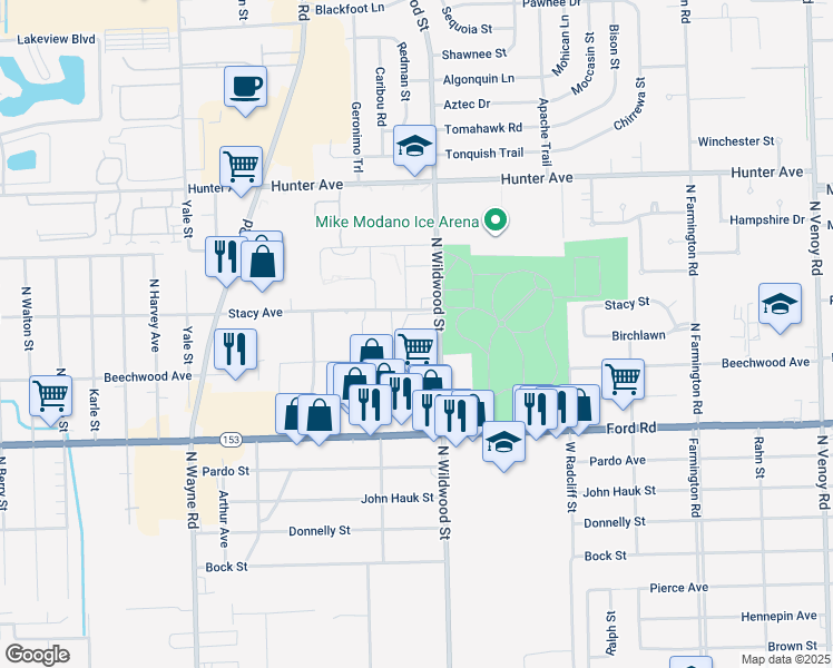 map of restaurants, bars, coffee shops, grocery stores, and more near 5995 North Wildwood Street in Westland