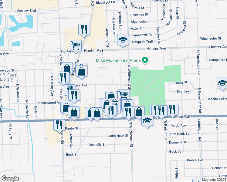 map of restaurants, bars, coffee shops, grocery stores, and more near 5708-5998 East Hampton Court in Westland