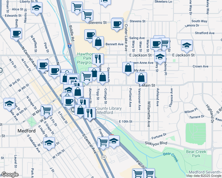 map of restaurants, bars, coffee shops, grocery stores, and more near 5 Corning Court in Medford