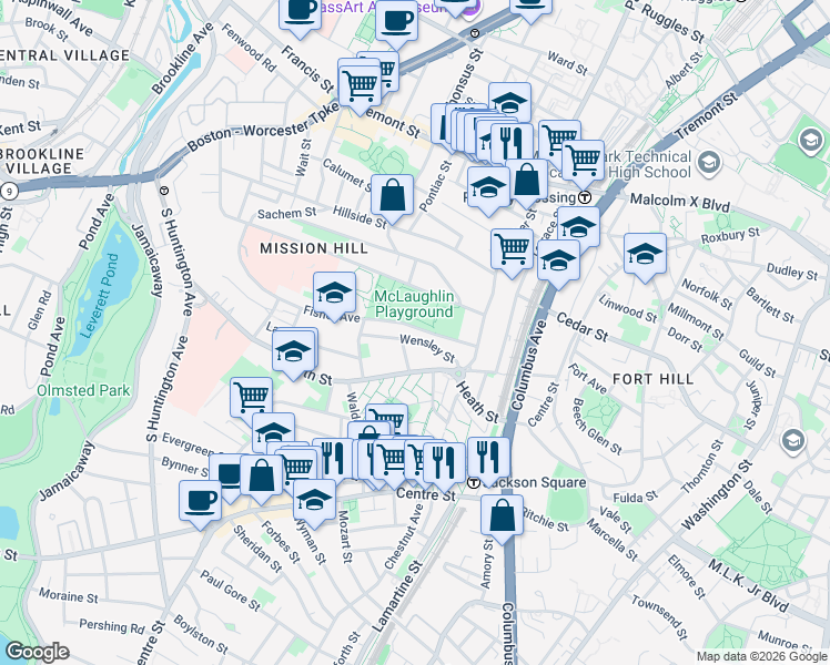 map of restaurants, bars, coffee shops, grocery stores, and more near 24 Wensley Street in Boston