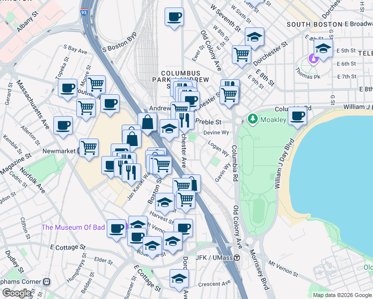 map of restaurants, bars, coffee shops, grocery stores, and more near 670 East 2nd Street in Boston