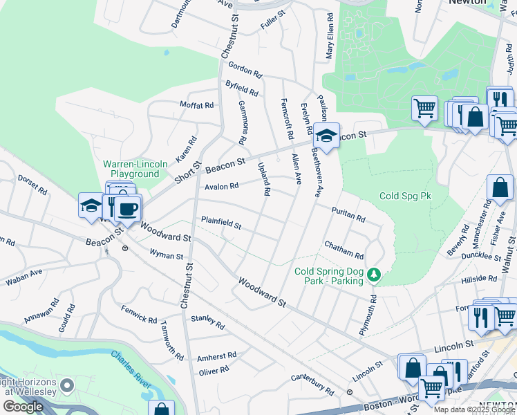 map of restaurants, bars, coffee shops, grocery stores, and more near 16 Pine Ridge Road in Newton