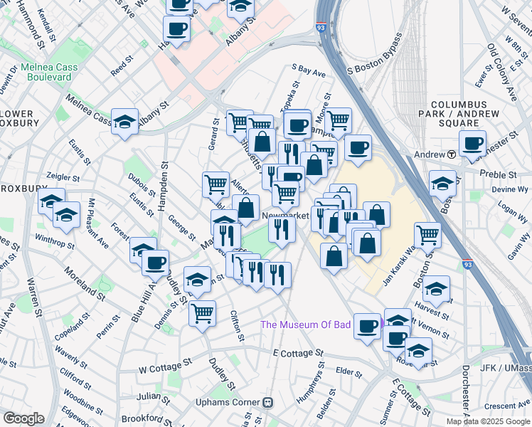map of restaurants, bars, coffee shops, grocery stores, and more near 125 Magazine Street in Boston