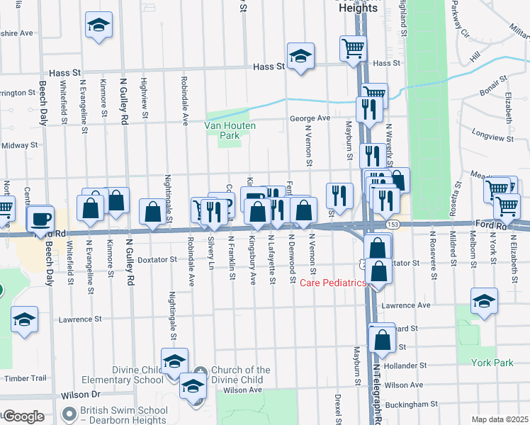 map of restaurants, bars, coffee shops, grocery stores, and more near 24546 Ford Road in Dearborn Heights