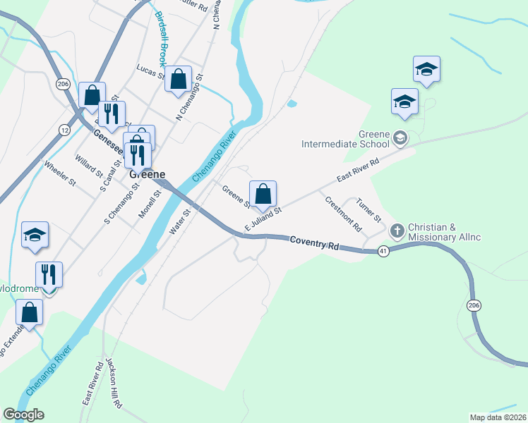 map of restaurants, bars, coffee shops, grocery stores, and more near 1 East Juliand Street in Greene