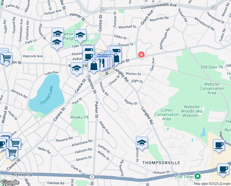 map of restaurants, bars, coffee shops, grocery stores, and more near 31 Ripley Street in Newton