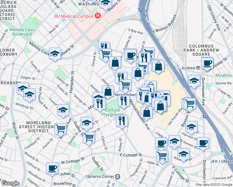 map of restaurants, bars, coffee shops, grocery stores, and more near 125 Magazine Street in Boston