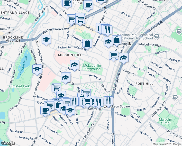 map of restaurants, bars, coffee shops, grocery stores, and more near 52 Fisher Avenue in Boston
