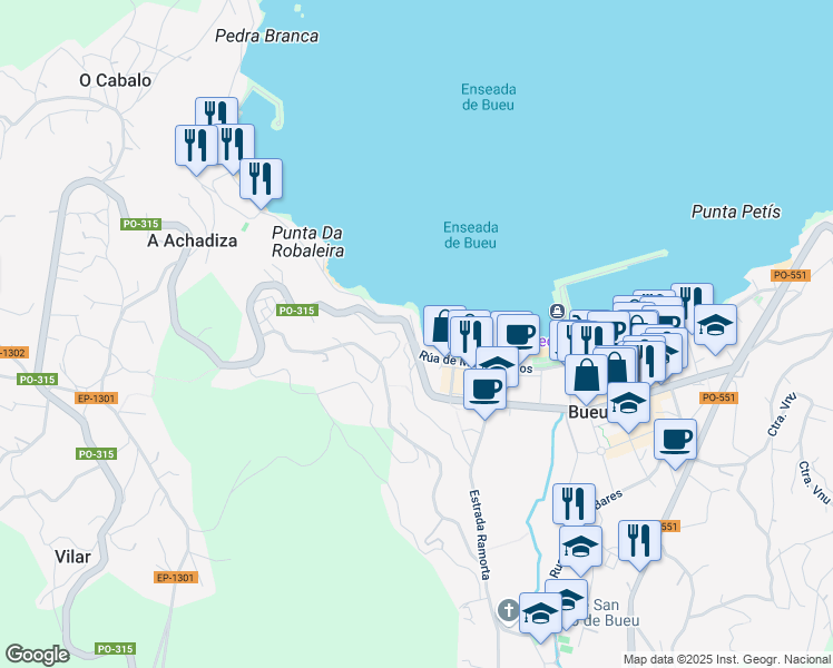 map of restaurants, bars, coffee shops, grocery stores, and more near in Pontevedra