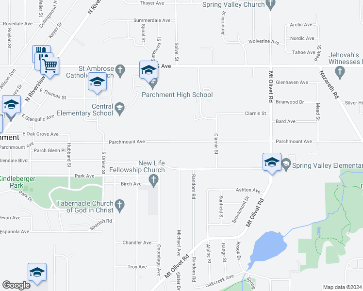 map of restaurants, bars, coffee shops, grocery stores, and more near 1118 Parchmount Avenue in Parchment