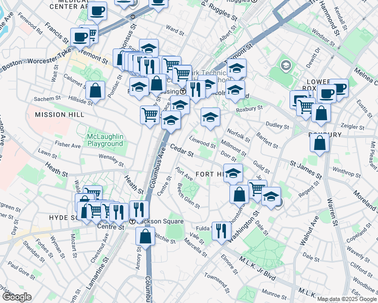 map of restaurants, bars, coffee shops, grocery stores, and more near 8 Highland Park Avenue in Boston