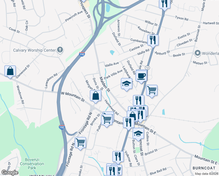 map of restaurants, bars, coffee shops, grocery stores, and more near 48 Hunnewell Road in Worcester