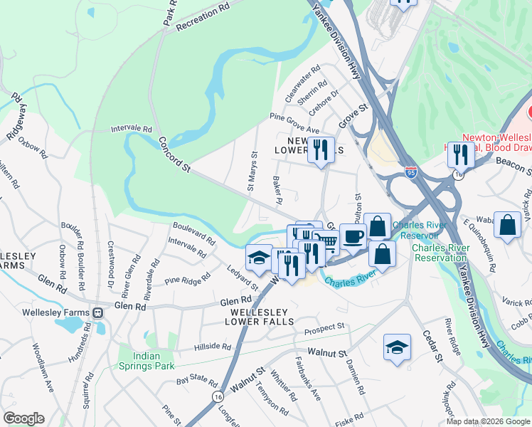 map of restaurants, bars, coffee shops, grocery stores, and more near 151 Concord Street in Newton