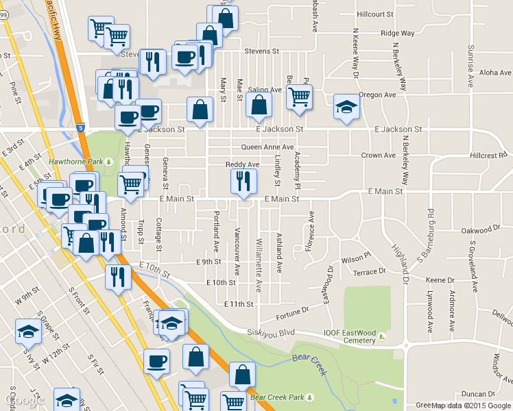 map of restaurants, bars, coffee shops, grocery stores, and more near 23 Willamette Avenue in Medford