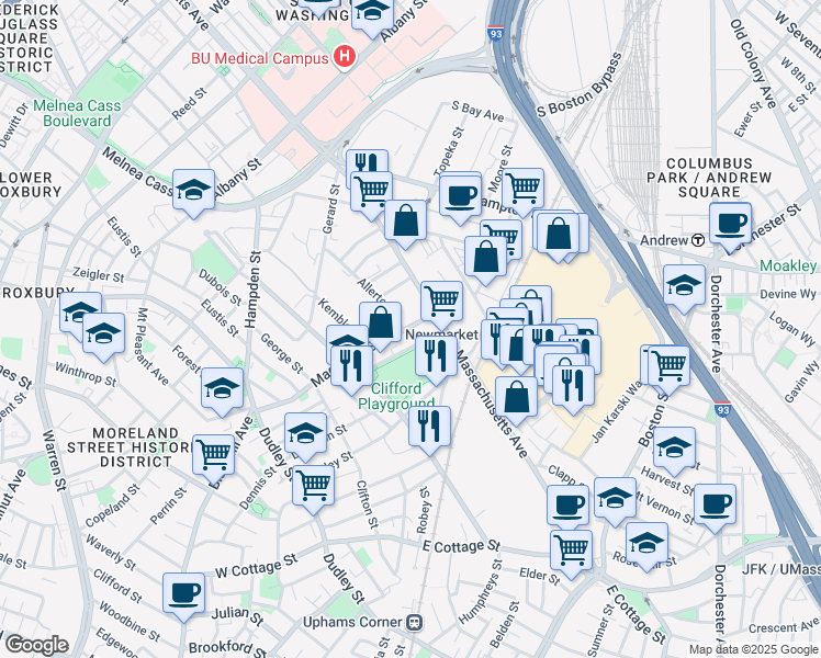 map of restaurants, bars, coffee shops, grocery stores, and more near 25 Proctor Street in Boston