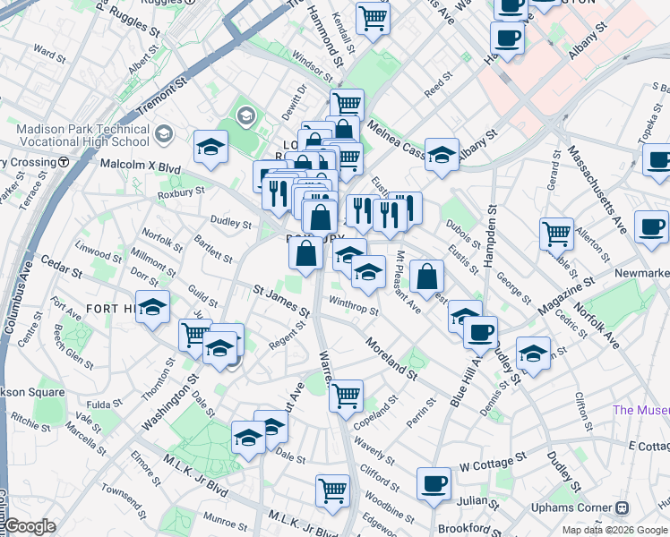 map of restaurants, bars, coffee shops, grocery stores, and more near 20 Kearsarge Avenue in Boston