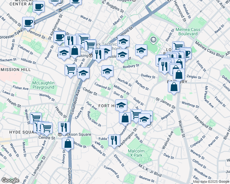 map of restaurants, bars, coffee shops, grocery stores, and more near 91 Cedar Street in Boston