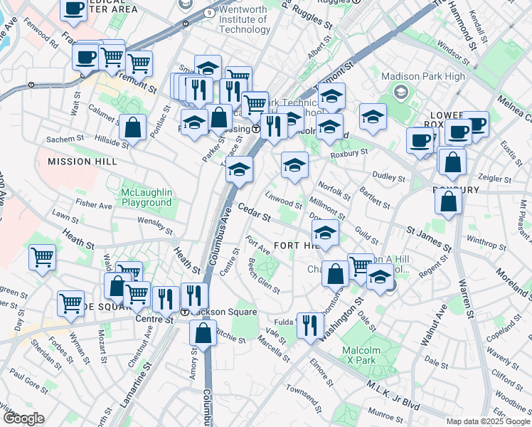 map of restaurants, bars, coffee shops, grocery stores, and more near 8 Highland Park Avenue in Boston