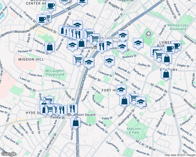map of restaurants, bars, coffee shops, grocery stores, and more near 8 Highland Park Avenue in Boston