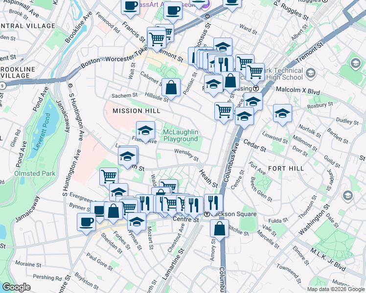 map of restaurants, bars, coffee shops, grocery stores, and more near 24 Wensley Street in Boston