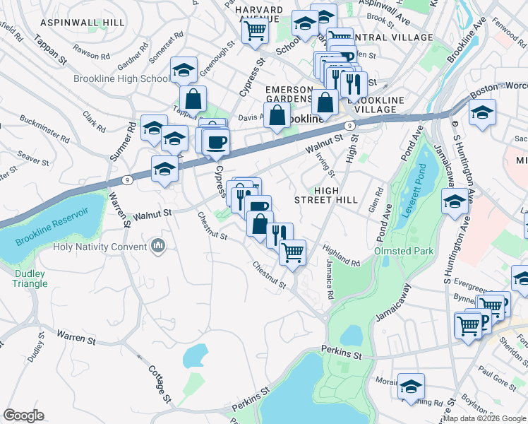 map of restaurants, bars, coffee shops, grocery stores, and more near 236 Cypress Street in Brookline