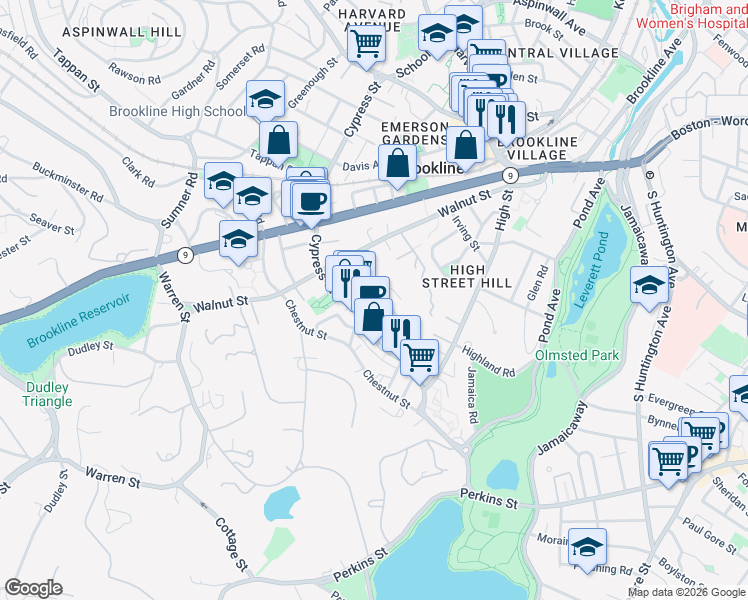 map of restaurants, bars, coffee shops, grocery stores, and more near 236 Cypress Street in Brookline