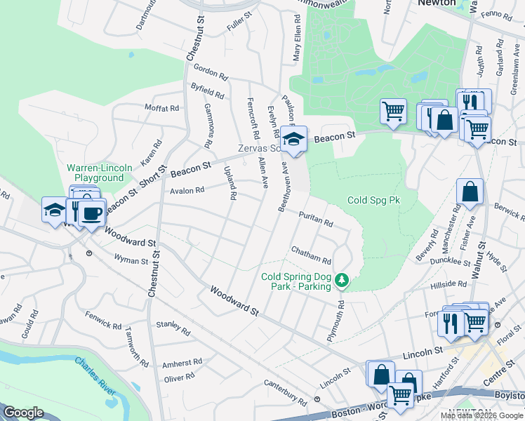 map of restaurants, bars, coffee shops, grocery stores, and more near 98 Allen Avenue in Newton