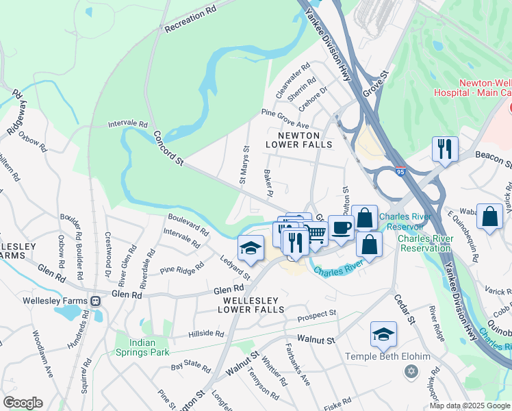 map of restaurants, bars, coffee shops, grocery stores, and more near 28 Grayson Lane in Newton