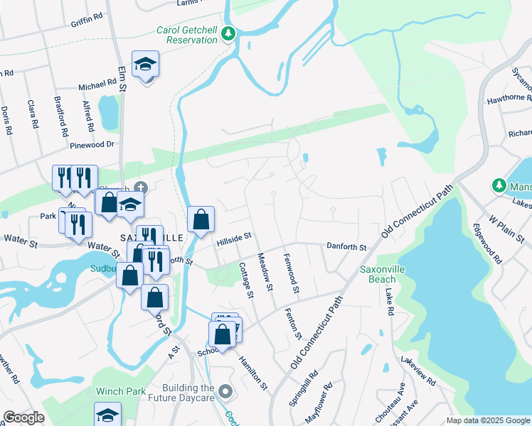 map of restaurants, bars, coffee shops, grocery stores, and more near 10 Derby Street in Framingham