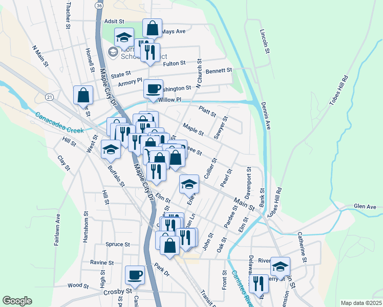 map of restaurants, bars, coffee shops, grocery stores, and more near 9-11 Hakes Avenue in Hornell