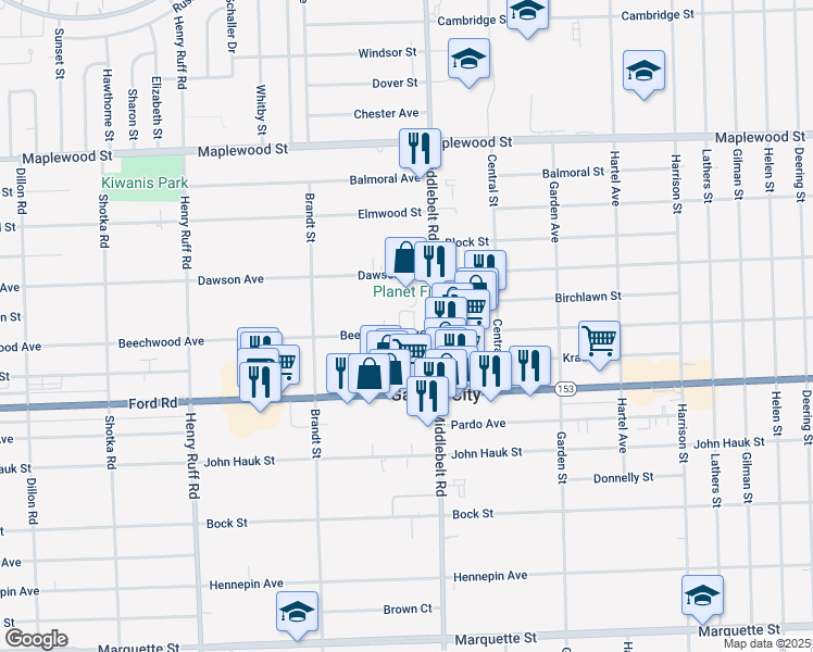 map of restaurants, bars, coffee shops, grocery stores, and more near 29515 Beechwood Avenue in Garden City
