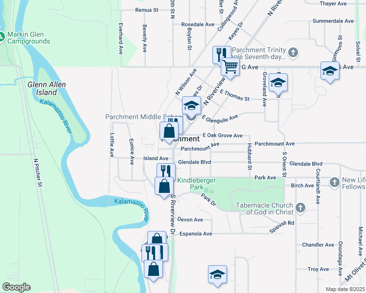 map of restaurants, bars, coffee shops, grocery stores, and more near 100 Maple Street in Parchment